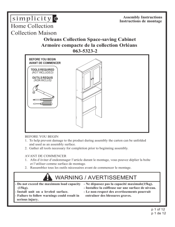 for Living Orleans 2-Door Over-The-Toilet Spacesaver Bathroom Storage Cabinet Manuel du propriétaire | Fixfr