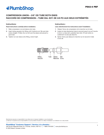 Plumbshop Union Tube, 3/8-in OD Manuel du propriétaire | Fixfr