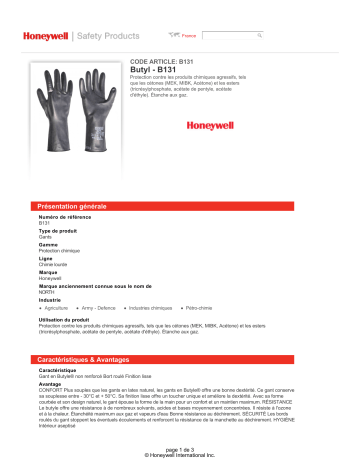 Honeywell B131R/8 Size 8 Butyl Chemical Resistant Glove spécification | Fixfr