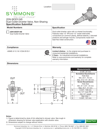 Symmons Industries 2DIV-BODY-NS Temptrol® 1/2 in. MIPS Diverter Valve spécification | Fixfr