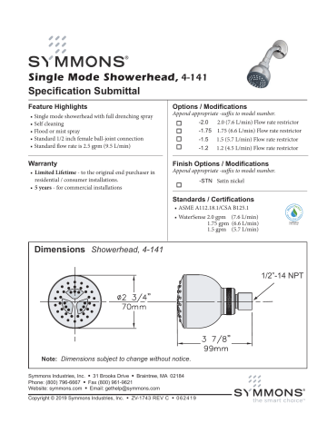 Symmons Industries 4-141-1.5 Origins™ Single Function Full Showerhead in Polished Chrome spécification | Fixfr