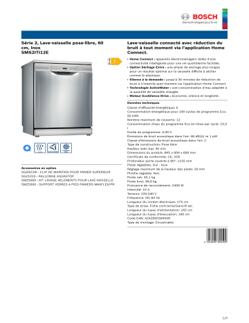 Bosch électroménager Bosch SMS2ITI12E spécification | Fixfr