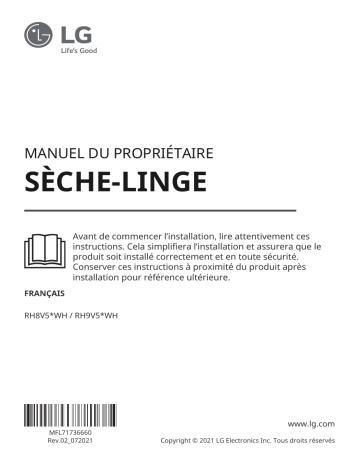 LG Sèche linge hublot RH8V59WH 8kg Blanc Manuel utilisateur | Fixfr
