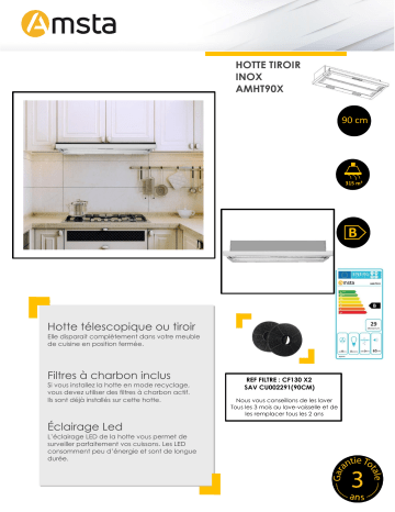 AMSTA Hotte Murale Décorative 60 Cm Inox - Recyclage Ou Evacuation - Amcv60x Mode d'emploi | Fixfr