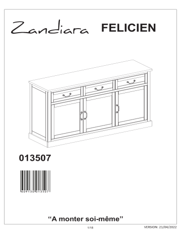 ZANDIARA Buffet 3 portes/ 3 tiroirs FÉLICIEN bois massif Mode d'emploi | Fixfr