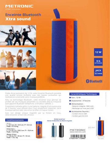 Metronic Enceinte Portable Xtra Sound Bluetooth 12 W - Orange Et Bleue Mode d'emploi | Fixfr