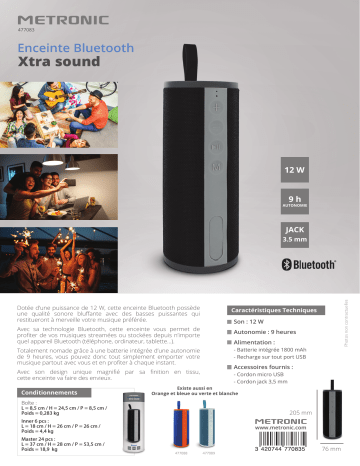 Metronic Enceinte Portable Xtra Sound Bluetooth 12 W Avec Entrée Audio - Nuances De Grey Mode d'emploi | Fixfr