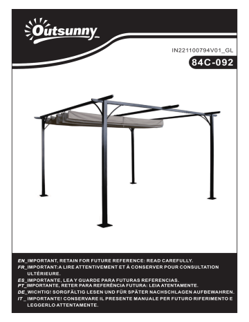 84C-092GY | Outsunny 84C-092 11.5' Retractable Canopy Cover Steel Frame Outdoor Patio Classic Pergola Gazebo Mode d'emploi | Fixfr