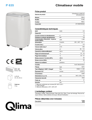 QLIMA P635 Mobile air conditioner Manuel utilisateur | Fixfr