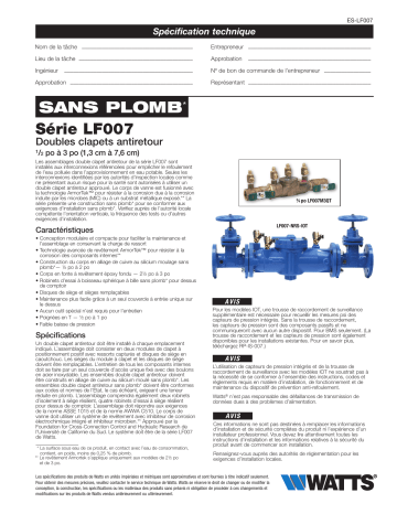 Watts LF007 Lead Free* Double Check Valve Assembly Backflow Preventers Sizes: 1/2 IN - 3 IN spécification | Fixfr