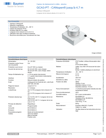 Baumer GCA3-PT - CANopen® up to 4.7 m Cable transducer - absolute Fiche technique | Fixfr