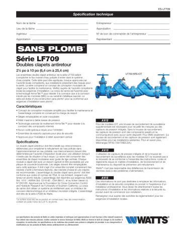 Watts LF709 Lead Free* Double Check Valve Assembly Backflow Preventers spécification | Fixfr