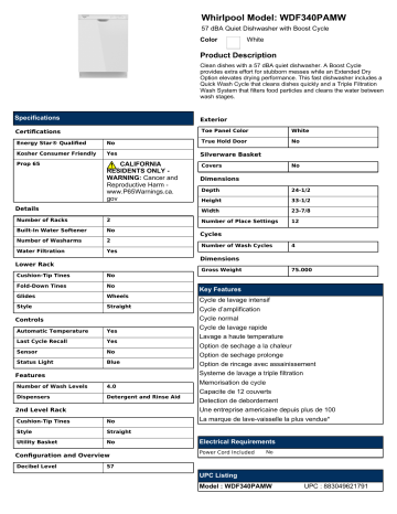 Whirlpool WDF340PAMW 24 Inch Built-In Dishwasher spécification | Fixfr