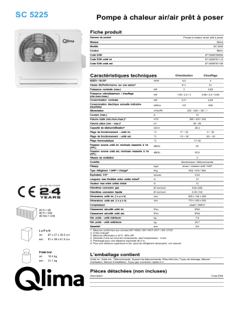 QLIMA SC5225 Split unit air conditioner Manuel utilisateur | Fixfr