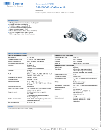 Baumer EAM360-K - CANopen® Absolute encoder Fiche technique | Fixfr