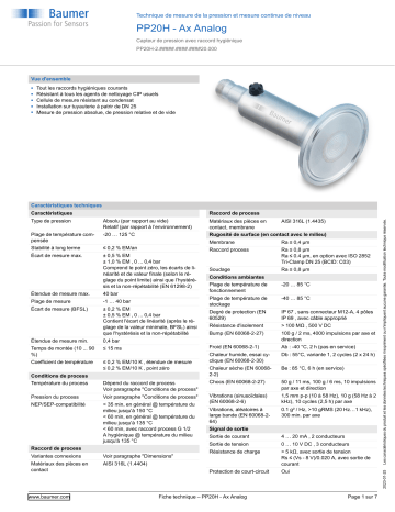 Baumer PP20H Pressure and continuous level measurement Fiche technique | Fixfr