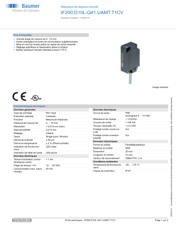 Baumer IF200.D10L-Q41.UAMT.71CV Inductive distance sensor Fiche technique | Fixfr