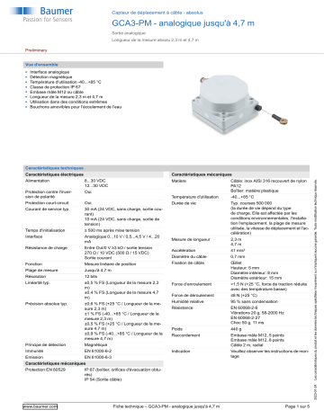 Baumer GCA3-PM - analog up to 4.7 m Cable transducer - absolute Fiche technique | Fixfr