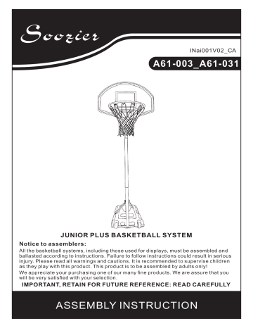 A61-003 | Soozier A61-031 Portable Basketball Hoop Stand Mode d'emploi | Fixfr