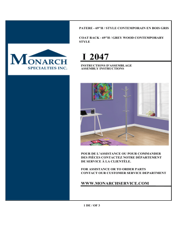 Monarch Specialties I 2047 Grey 8-Hook Coat Rack Mode d'emploi | Fixfr