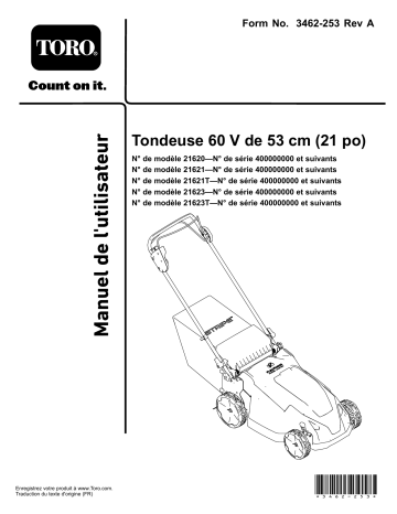 Toro 21in 60V Lawn Mower Walk Behind Mower Manuel utilisateur | Fixfr