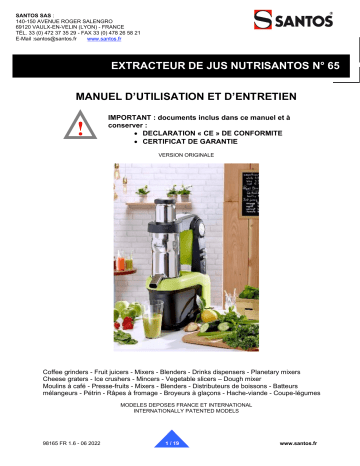 santos 65 Cold Press Juicer Nutrisantos Manuel utilisateur | Fixfr