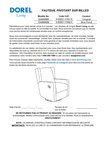 Dorel Home DA6899DB Dorel Living Jasper Swivel Gliding Recliner Manuel utilisateur | Fixfr