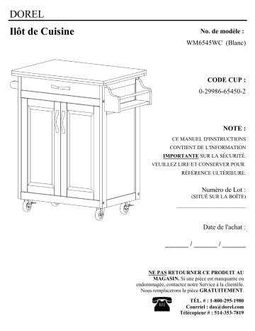 DA6545EC | WM6545EC | Dorel Home WM6545WC Kitchen Island Manuel utilisateur | Fixfr