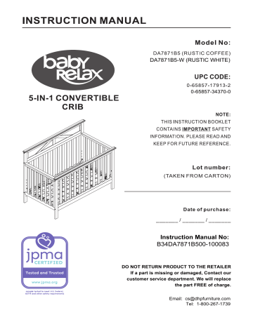 Dorel Home DA7871B5-W Baby Relax Hathaway 5-in-1 Convertible Wood Crib Manuel utilisateur | Fixfr