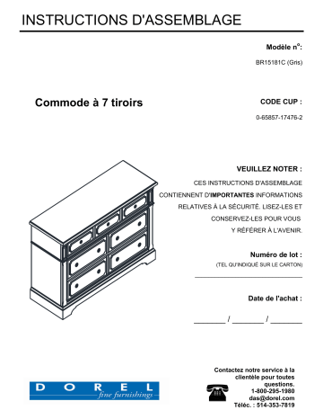 Dorel Home BR15181C 7-Drawer Dresser Manuel utilisateur | Fixfr