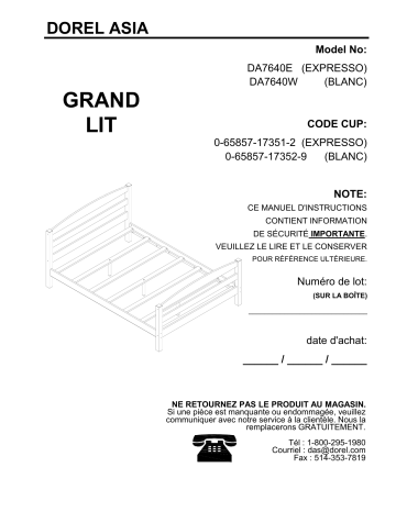 DA7640BK | DA7640E | DA7640W | Dorel Home DA7640GR Better Homes & Gardens Leighton Bed Manuel utilisateur | Fixfr