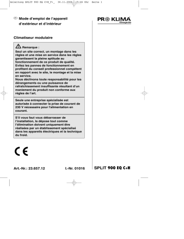 Proklima SPLIT 900 EQ C+H Split Air Conditioner Mode d'emploi | Fixfr