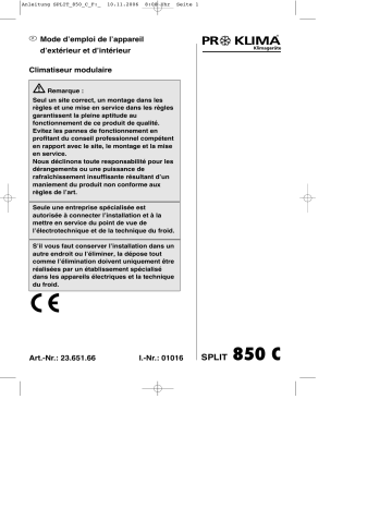 Proklima SPLIT 850 C Split Air Conditioner Mode d'emploi | Fixfr