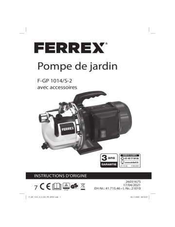 Ferrex F-GP 1014/S-2 Garden Pump Mode d'emploi | Fixfr