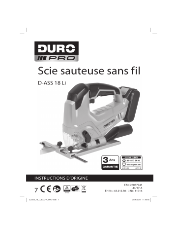 Duro Pro D-ASS 18 Li Kit Cordless Jig Saw Mode d'emploi | Fixfr