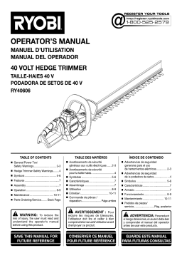 Ryobi RY40660 40V HP Brushless Whisper Series 26 in. Cordless Battery Hedge Trimmer with 2.0 Ah Battery and Charger Mode d'emploi