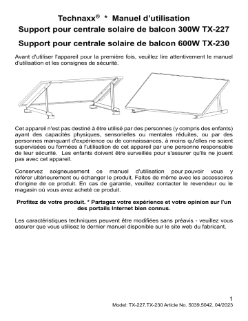 Technaxx TX-230 Balcony power plant bracket Pro 600W Manuel du propriétaire | Fixfr