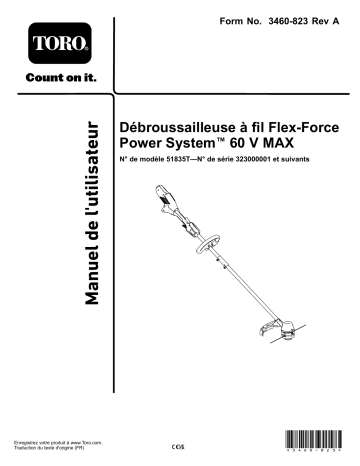 Toro Electric Battery String Trimmer 60V MAX* Flex-Force Power System 51835T - Tool Only Manuel utilisateur | Fixfr