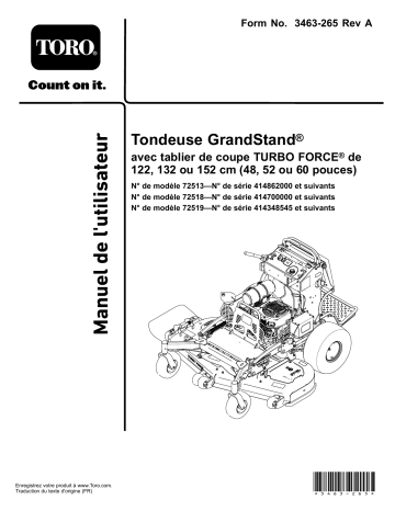 GrandStand Mower, With 48in TURBO FORCE Cutting Unit | GrandStand Mower, With 52in TURBO FORCE Cutting Unit | Toro GrandStand Mower, With 60in TURBO FORCE Cutting Unit Riding Product Manuel utilisateur | Fixfr