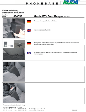 084355 | KUDA 084350 for Ford Ranger since 01/07/ Mazda BT Guide d'installation | Fixfr