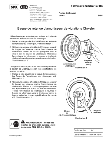 OTC 6495 Harmonic Balancer Holding Tool Mode d'emploi | Fixfr