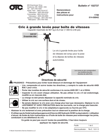 OTC 1728 Air-Assisted 1,000 lb. Capacity High-Lift Transmission Jack Mode d'emploi | Fixfr