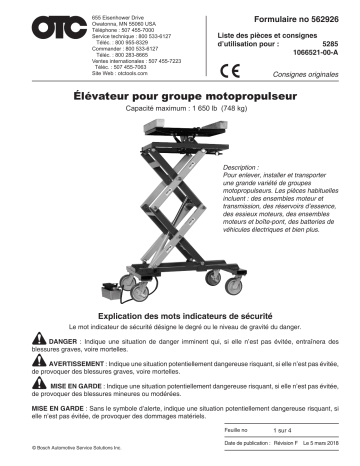 OTC 5285 Power Train Lift Mode d'emploi | Fixfr