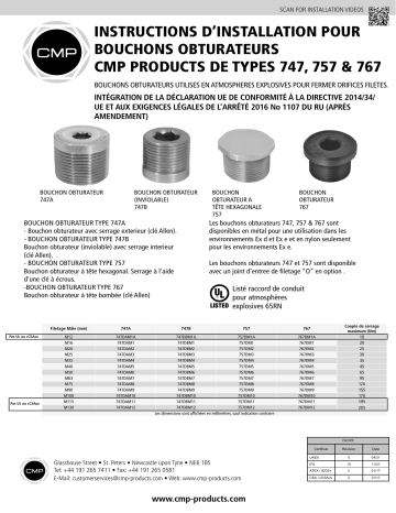 CMP 747 757 767 Stopper Plugs – Explosive Atmosphere Guide d'installation | Fixfr