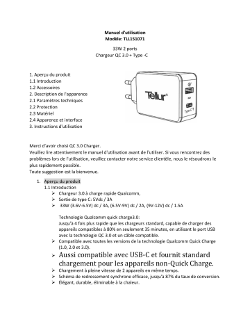 Tellur TLL151071 Travel Charger Qc Manuel utilisateur | Fixfr