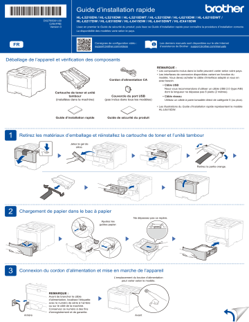 HL-L5210DW(T) | HL-L6210DW(T) | HL-L5210DN | HL-EX415DW | HL-L6310DW | HL-L6217DW | HL-L6415DW(T) | Brother HL-L5215DW Monochrome Laser Printer Guide d'installation rapide | Fixfr
