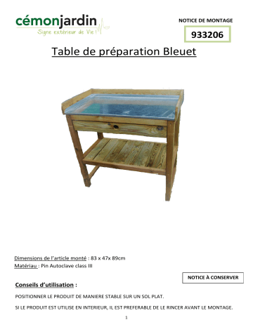 CEMONJARDIN 91740520 Table de préparation jardinage en bois Mode d'emploi | Fixfr