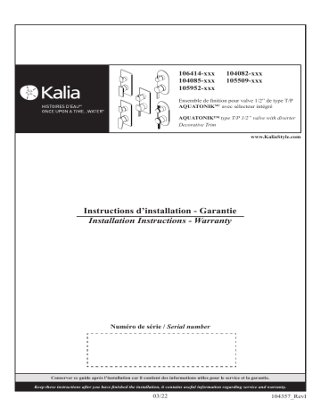 Kalia BF1990 KAREO 2-Way Water Efficient AQUATONIK™ Type T/P 1/2'' valve Guide d'installation | Fixfr