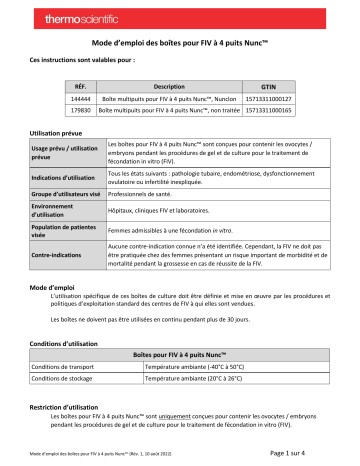 Nunc IVF 4-Well Dishes Mode d'emploi - Thermo Fisher Scientific | Fixfr