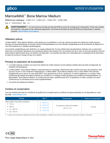 Thermo Fisher Scientific MarrowMAX Bone Marrow Medium Mode d'emploi | Fixfr